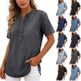 thumbnail image 1 of Xaqiouau Womens Denim Tunic Top Short Sleeve Henley Shirt Casual Loose Fit Button Down Summer Blouse Jean Look T Shirt, 1 of 7