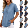 thumbnail image 1 of Xaqiouau Womens Denim Tunic Top Short Sleeve Henley Shirt Casual Loose Fit Button Down Summer Blouse Jean Look T Shirt, 1 of 7