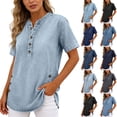 thumbnail image 1 of Xaqiouau Womens Denim Tunic Top Short Sleeve Henley Shirt Casual Loose Fit Button Down Summer Blouse Jean Look T Shirt, 1 of 7