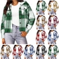thumbnail image 1 of Xaqiouau Womens Drawstring Hooded Plaid Shacket Short Relaxed Fit Polycotton Button Down Long Sleeve Outerwear With Chest Flap Pockets Army Green L, 1 of 5