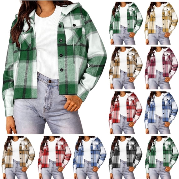 Xaqiouau Womens Drawstring Hooded Plaid Shacket Short Relaxed Fit Polycotton Button Down Long Sleeve Outerwear With Chest Flap Pockets Army Green L