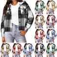 thumbnail image 1 of Xaqiouau Womens Drawstring Hooded Plaid Shacket Short Relaxed Fit Polycotton Button Down Long Sleeve Outerwear With Chest Flap Pockets Black L, 1 of 5