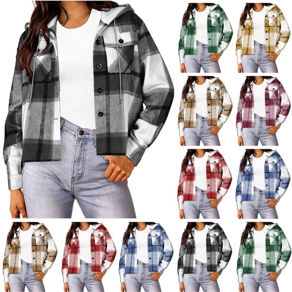 Xaqiouau Womens Drawstring Hooded Plaid Shacket Short Relaxed Fit Polycotton Button Down Long Sleeve Outerwear With Chest Flap Pockets Black L