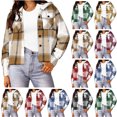 thumbnail image 1 of Xaqiouau Womens Drawstring Hooded Plaid Shacket Short Relaxed Fit Polycotton Button Down Long Sleeve Outerwear With Chest Flap Pockets Khaki XXL, 1 of 5