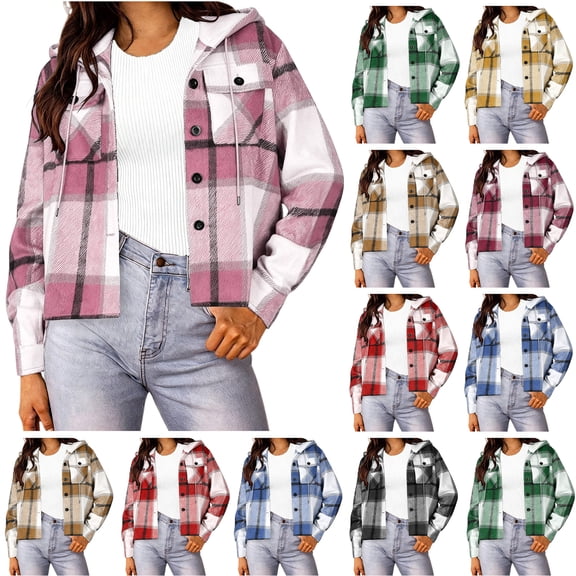 Xaqiouau Womens Drawstring Hooded Plaid Shacket Short Relaxed Fit Polycotton Button Down Long Sleeve Outerwear With Chest Flap Pockets Pink S