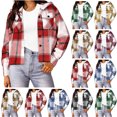 thumbnail image 1 of Xaqiouau Womens Drawstring Hooded Plaid Shacket Short Relaxed Fit Polycotton Button Down Long Sleeve Outerwear With Chest Flap Pockets Red M, 1 of 5