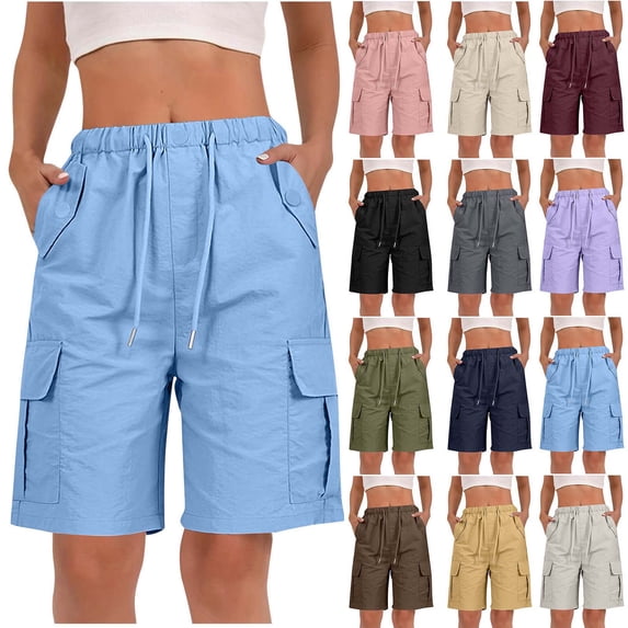 Xaqiouau Womens Elastic Drawstring Cargo Shorts Multi Pocket Lightweight Casual Shorts for Outdoor Daily Activities