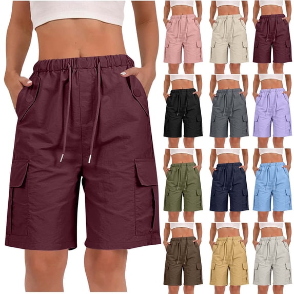 Xaqiouau Womens Elastic Drawstring Cargo Shorts Multi Pocket Lightweight Casual Shorts for Outdoor Daily Activities