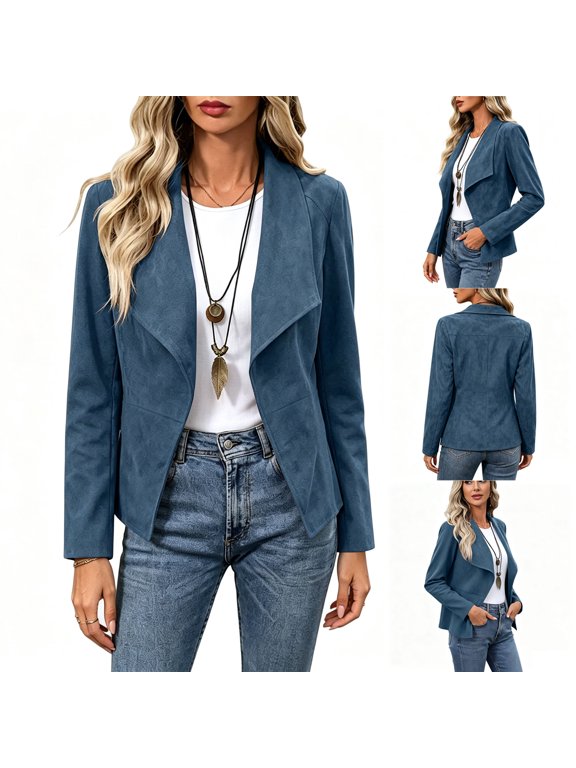 Womens Faux Suede Open Front Jacket Long Sleeve Draped Lapel Casual Blazer Cardigan Lightweight Outerwear for Work Daily Fall Winter Wear