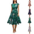 thumbnail image 1 of Xaqiouau Womens Floral Midi Dress Cap Sleeve Casual Summer A Line Dress Crew Neck Fit and Flare Belted Party Wedding Guest Dress, 1 of 9