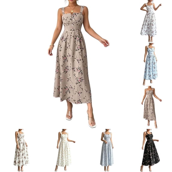 Xaqiouau Womens Floral Midi Dress Spaghetti Strap Summer Casual Sleeveless A Line Dress Button Front Flowy Beach Vacation Sundress