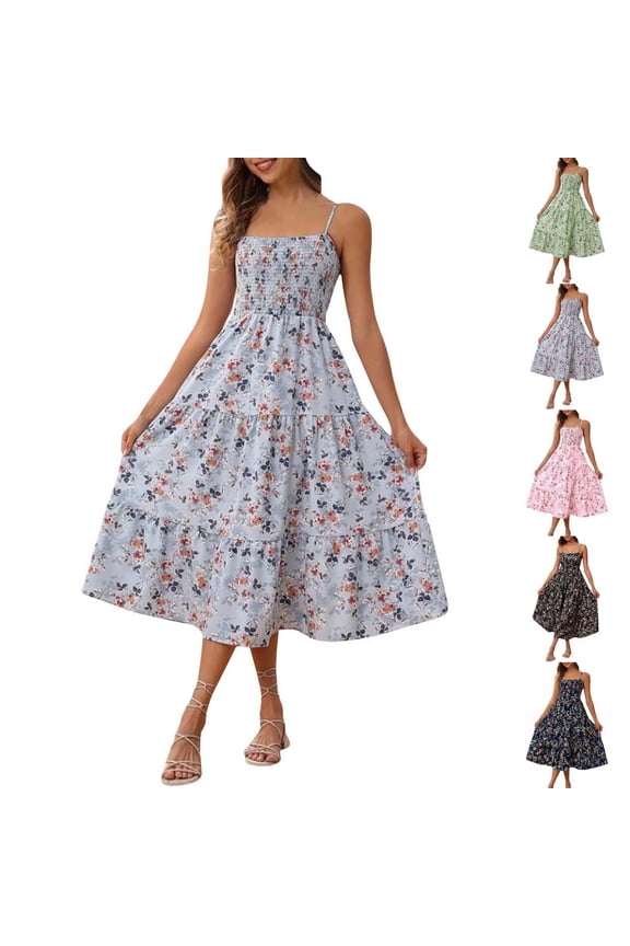 Womens Floral Spaghetti Strap Midi Dress | Smocked Square Neck Boho Sundress for Wedding Guest & Summer Dresses for Women 2026