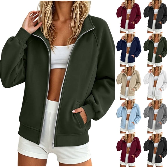Xaqiouau Womens Full Zip Sweatshirt Jacket Long Sleeve Stand Collar Zip Up Jacket Casual Lightweight Track Jacket with Pockets Outerwear
