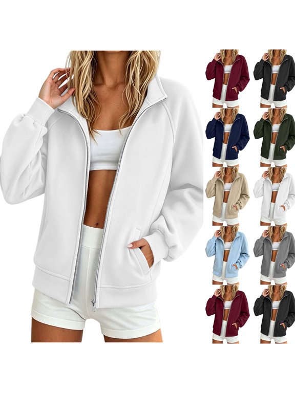 Womens Full Zip Sweatshirt Jacket Long Sleeve Stand Collar Zip Up Jacket Casual Lightweight Track Jacket with Pockets Outerwear