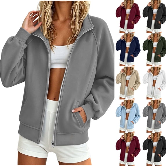 Xaqiouau Womens Full Zip Sweatshirt Jacket Long Sleeve Stand Collar Zip Up Jacket Casual Lightweight Track Jacket with Pockets Outerwear