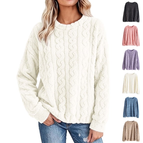 Xaqiouau Womens Fuzzy Cable Knit Sweater Crewneck Long Sleeve Pullover Soft Warm Casual Tops Fall Winter Cozy Clothes