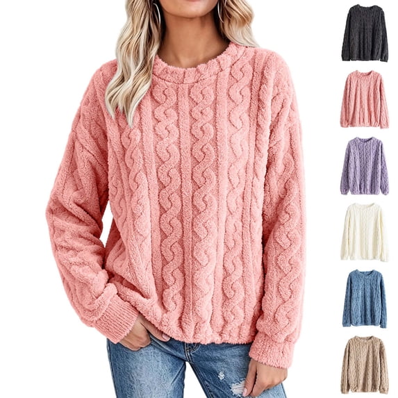 Xaqiouau Womens Fuzzy Cable Knit Sweater Crewneck Long Sleeve Pullover Soft Warm Casual Tops Fall Winter Cozy Clothes