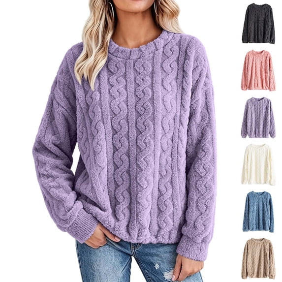 Xaqiouau Womens Fuzzy Cable Knit Sweater Crewneck Long Sleeve Pullover Soft Warm Casual Tops Fall Winter Cozy Clothes