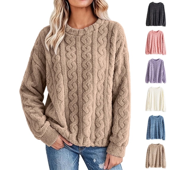 Xaqiouau Womens Fuzzy Cable Knit Sweater Crewneck Long Sleeve Pullover Soft Warm Casual Tops Fall Winter Cozy Clothes