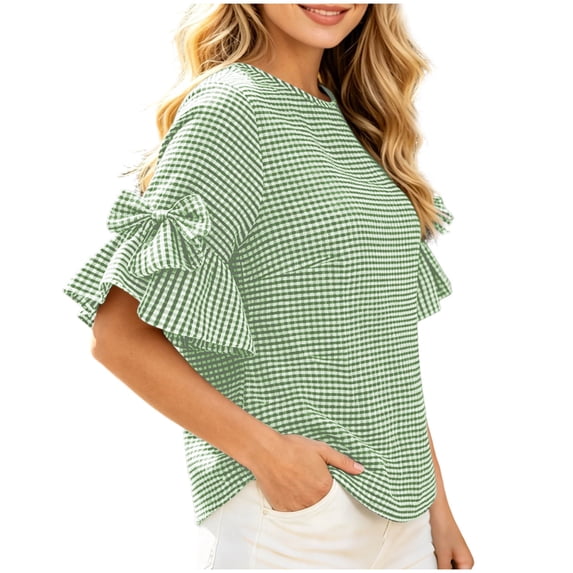 Xaqiouau Womens Gingham Ruffle Bell Sleeve Blouse Casual Crew Neck Check Print Summer Top
