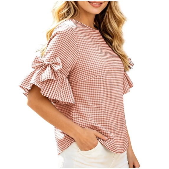 Xaqiouau Womens Gingham Ruffle Bell Sleeve Blouse Casual Crew Neck Check Print Summer Top