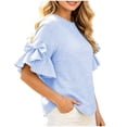 thumbnail image 1 of Xaqiouau Womens Gingham Ruffle Bell Sleeve Blouse Casual Crew Neck Check Print Summer Top, 1 of 7