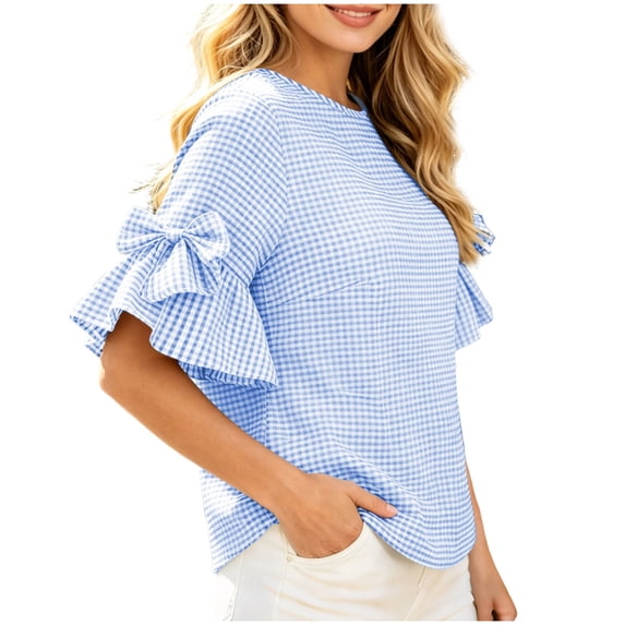 Xaqiouau Womens Gingham Ruffle Bell Sleeve Blouse Casual Crew Neck Check Print Summer Top