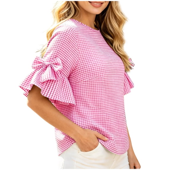 Xaqiouau Womens Gingham Ruffle Bell Sleeve Blouse Casual Crew Neck Check Print Summer Top