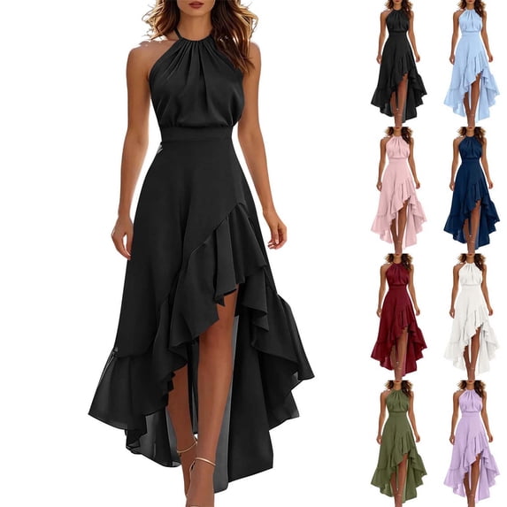 Xaqiouau Womens Halter Neck High Low Maxi Dress Sleeveless Ruffle Hem Chiffon Cocktail Party Wedding Guest Evening Dress Flowy A Line Dresses