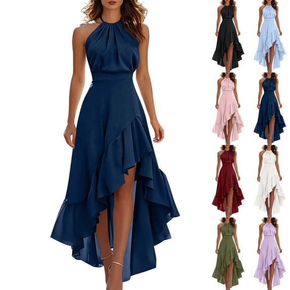 Xaqiouau Womens Halter Neck High Low Maxi Dress Sleeveless Ruffle Hem Chiffon Cocktail Party Wedding Guest Evening Dress Flowy A Line Dresses