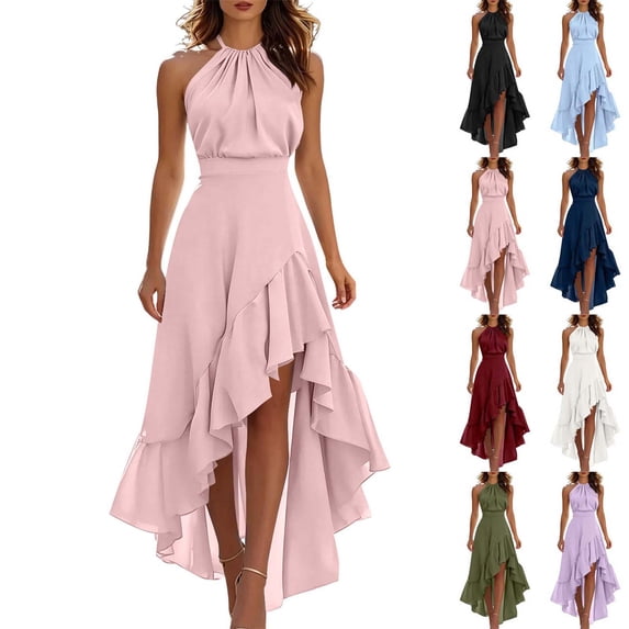 Xaqiouau Womens Halter Neck High Low Maxi Dress Sleeveless Ruffle Hem Chiffon Cocktail Party Wedding Guest Evening Dress Flowy A Line Dresses