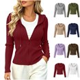 thumbnail image 1 of Xaqiouau Womens Hooded Zip Up Cardigan Solid Color Ribbed Knit Slim Fit Full Zip Long Sleeve Side Pockets Casual Winter Daily Outerwear Tops Wine S, 1 of 7
