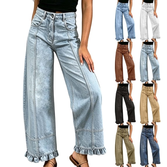 Xaqiouau Womens Jeans Wide Leg High Waisted Straight Ruffle Hem Denim Pants Casual Loose Fit Vintage Straight Leg Trousers
