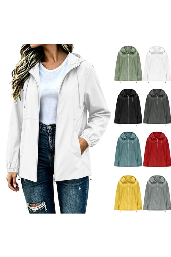 Womens Lightweight Nylon Fabric Hooded Full Zip Dual Drawcord Hood Hem Open Side Slip Pocket Waterproof Wind Resistant Outdoor Rain Travel Hiking Windbreaker Jackets White S