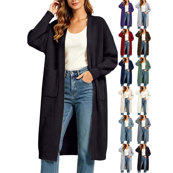 Xaqiouau Womens Long Cardigan Sweater Open Front Knit Cardigan Lightweight Long Sleeve Duster Cardigan With Pockets Casual Fall Winter Outerwear