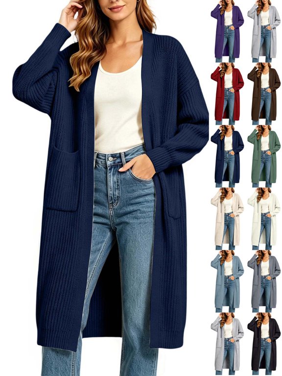 Womens Long Cardigan Sweater Open Front Knit Cardigan Lightweight Long Sleeve Duster Cardigan With Pockets Casual Fall Winter Outerwear