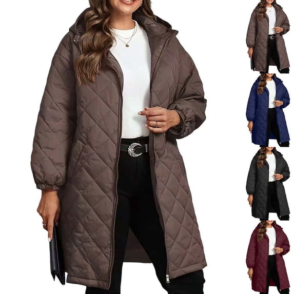 Xaqiouau Womens Long Quilted Puffer Coat Hooded Winter Jacket Lightweight Insulated Zip Up Outerwear Oversized Warm Parka with Pockets