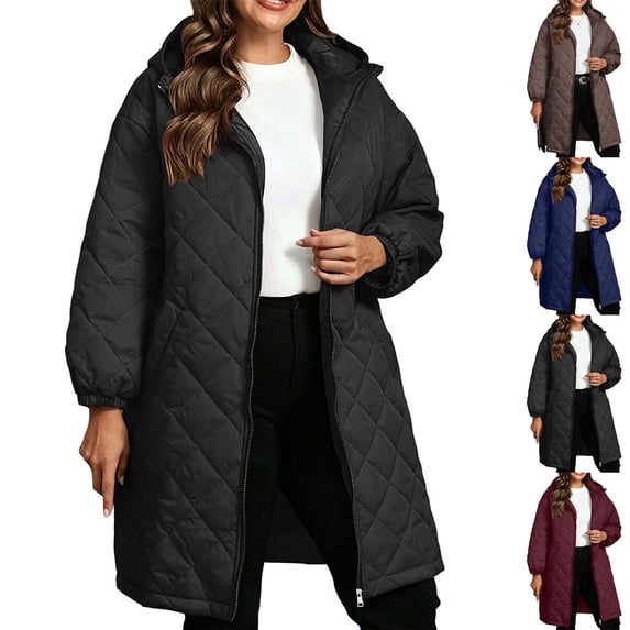 Xaqiouau Womens Long Quilted Puffer Coat Hooded Winter Jacket Lightweight Insulated Zip Up Outerwear Oversized Warm Parka with Pockets