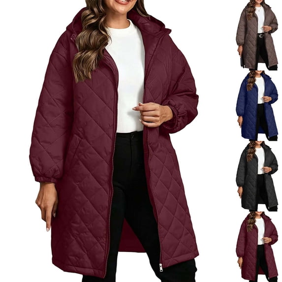 Xaqiouau Womens Long Quilted Puffer Coat Hooded Winter Jacket Lightweight Insulated Zip Up Outerwear Oversized Warm Parka with Pockets