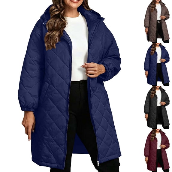 Xaqiouau Womens Long Quilted Puffer Coat Hooded Winter Jacket Lightweight Insulated Zip Up Outerwear Oversized Warm Parka with Pockets