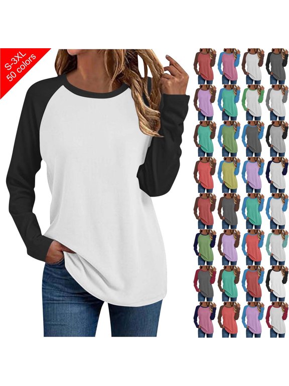 Womens Long Sleeve Raglan T Shirt Casual Color Block Crewneck Tunic Top Loose Fit Basic Baseball Tee Blouse S-3XL