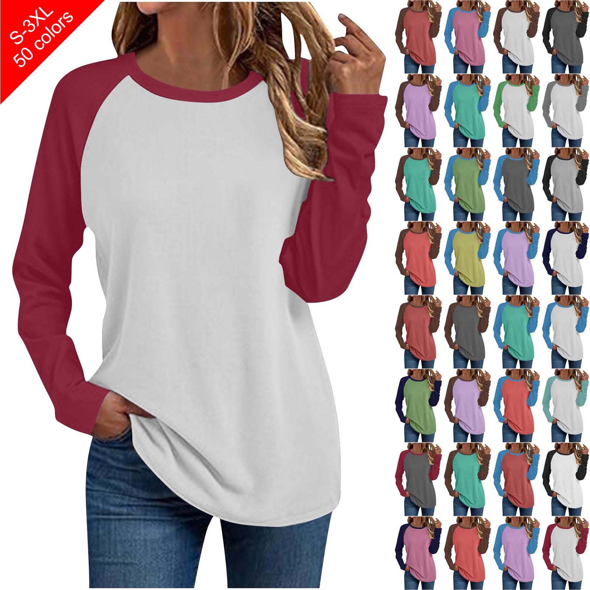 Xaqiouau Womens Long Sleeve Raglan T Shirt Casual Color Block Crewneck ...