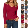 thumbnail image 1 of Xaqiouau Womens Long Sleeve V Neck Tops Casual Stretch Basic Slim Fit Blouse Lightweight Soft Everyday Fashion Pullover, 1 of 4