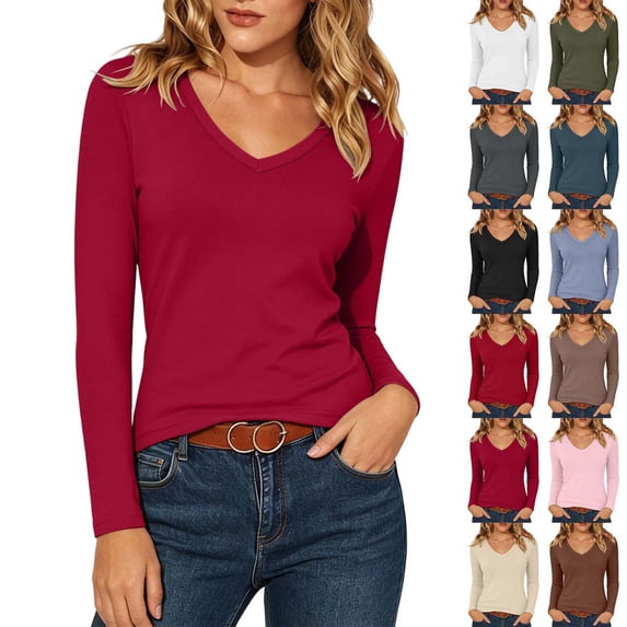 Xaqiouau Womens Long Sleeve V Neck Tops Casual Stretch Basic Slim Fit Blouse Lightweight Soft Everyday Fashion Pullover