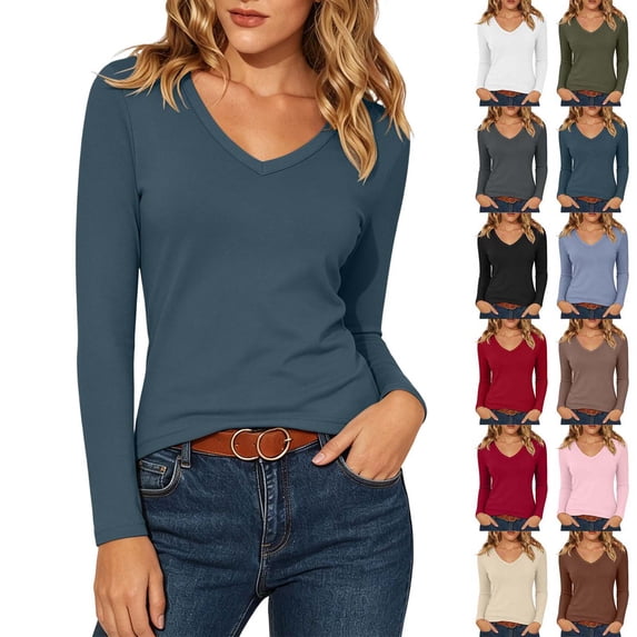 Xaqiouau Womens Long Sleeve V Neck Tops Casual Stretch Basic Slim Fit Blouse Lightweight Soft Everyday Fashion Pullover