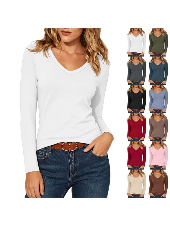 Womens Long Sleeve V Neck Tops Casual Stretch Basic Slim Fit Blouse Lightweight Soft Everyday Fashion Pullover