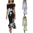 thumbnail image 1 of Xaqiouau Womens Off Shoulder Floral Print Midi Dress Twisted Pleated Fitted Hem Cocktail Party Dress, 1 of 9