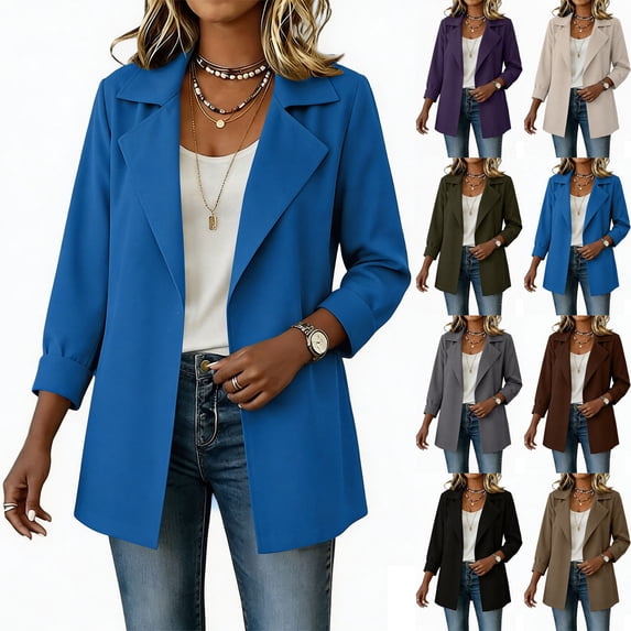 Xaqiouau Womens Open Front Blazer Long Sleeve Lapel Collar Slim Suit Jacket with Pockets Lined Office Casual Business Wear for Summer Fall