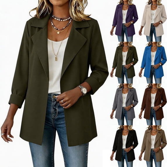 Xaqiouau Womens Open Front Blazer Long Sleeve Lapel Collar Slim Suit Jacket with Pockets Lined Office Casual Business Wear for Summer Fall