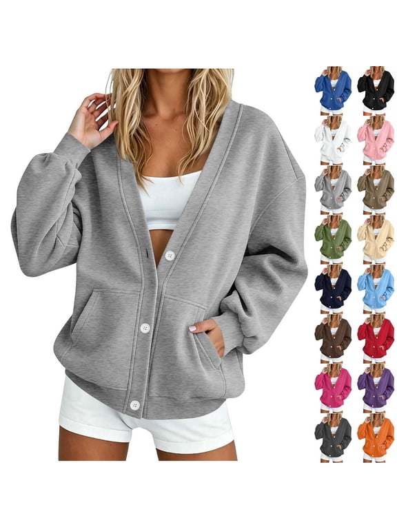 Womens Oversized Cardigan Sweatshirt Button Down V Neck Long Sleeve Casual Fleece Jacket Open Front Cardigan with Pockets Fall Winter